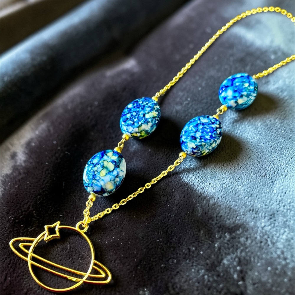 Gold plated Planet Pendant Necklace with Blue Mosaic Beads